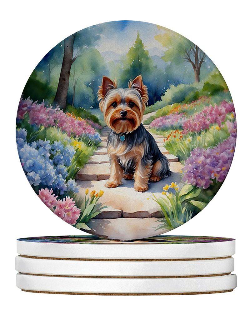 Yorkshire Terrier Spring Path Large Sandstone Coasters Pack Of 4 Absorbent Round Coasters Decor Gifts For Men Or Women, 4 In, Multicolor_voghion.com