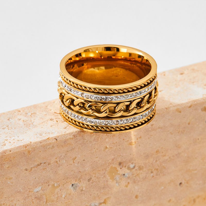 Damessieraden Roestvrijstalen ring met dubbele rij brede band en kubieke zirkonia, gedraaid kettingontwerp om te stapelen, elegant en stijlvol accessoire_voghion.com