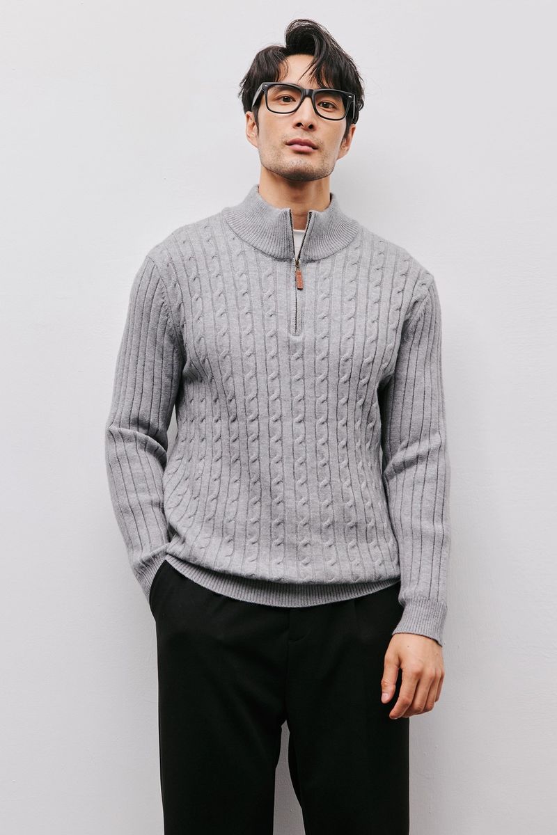 Strickpullover mit halbem Reißverschluss für Herren, Zopfmuster-Stehkragen, Oberbekleidung für Herbst und Winter, leichter Stil, Business Casual_voghion.com