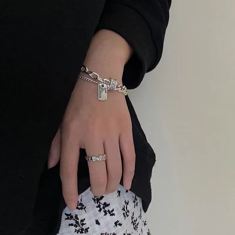 Hip Hop Trendy Cool Vintage Square Bracelet Women Ins Simple Niche Cold Style Personality Design Double Layer Hand_voghion.com