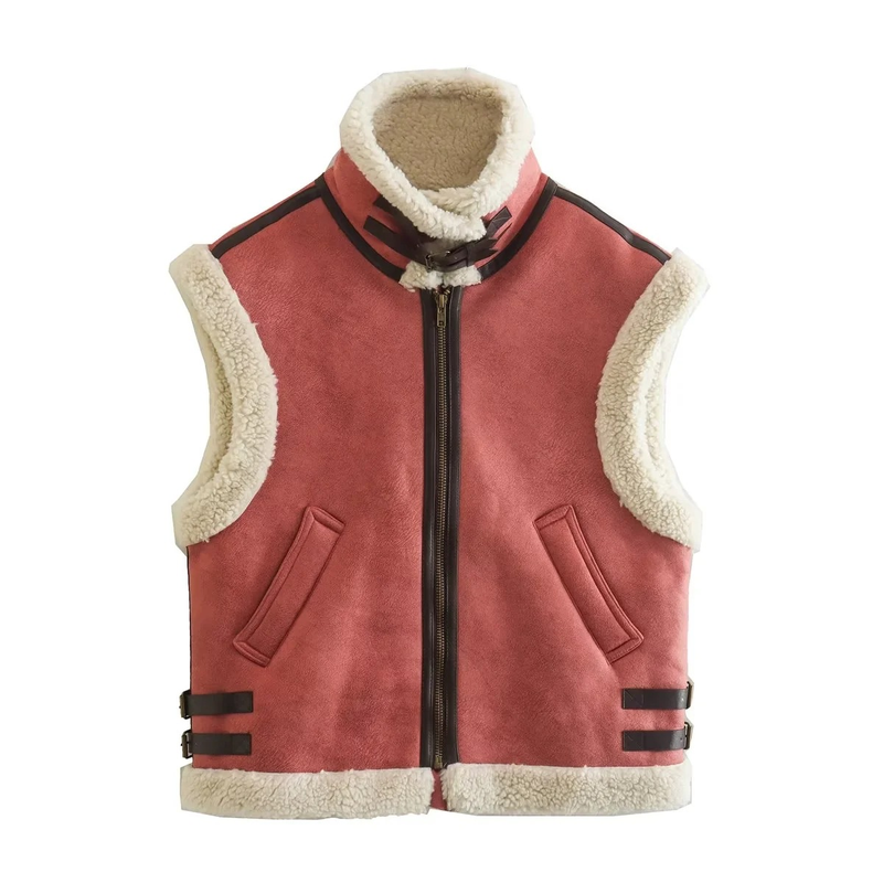 Y2k Nuovo Gilet in Pile Integrato con Pelliccia e Cuciture in Cotone da Donna A19588_voghion.com