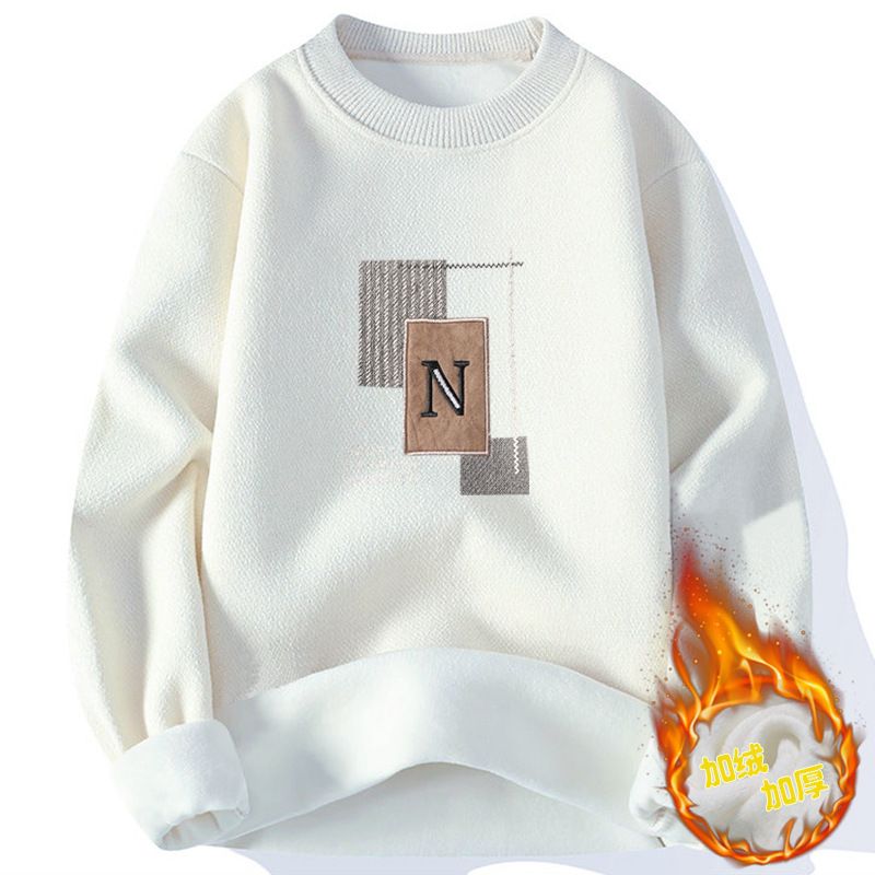 Men's Round Neck Thickened One-Piece Fleece Base Sweater New Embroidered Knitwear_voghion.com