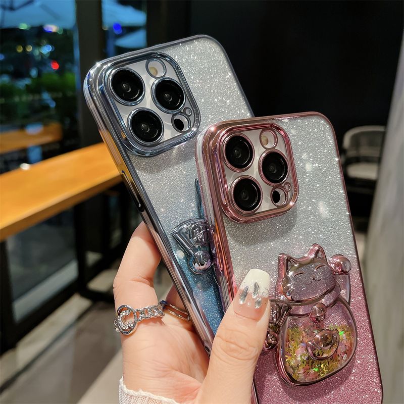 Custodia per telefono Flowing Sand Electroplated Wealth Cat adatta per iPhone 11, 12, 13, 14, 15 Pro Max con pellicola per obiettivo integrata_voghion.com
