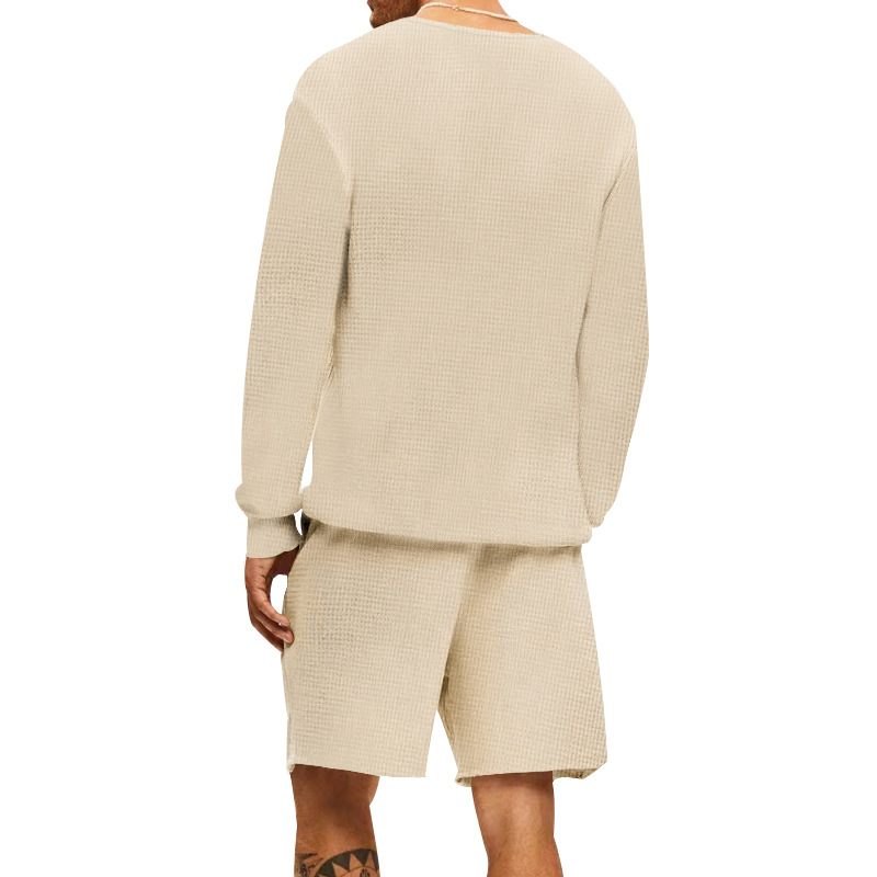 Waffle T-shirt Summer Men's Casual Sports Long Sleeve Shorts Two Piece Set for Men_voghion.com