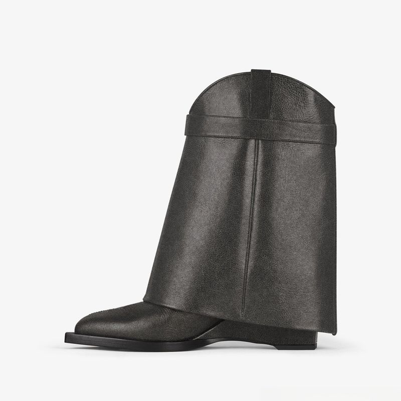 2023 Neue spitze Keilstiefel aus geprägtem Leder mit mittlerer Wade und Metallschnalle, spezielle Damenschuhe in großen Größen_voghion.com