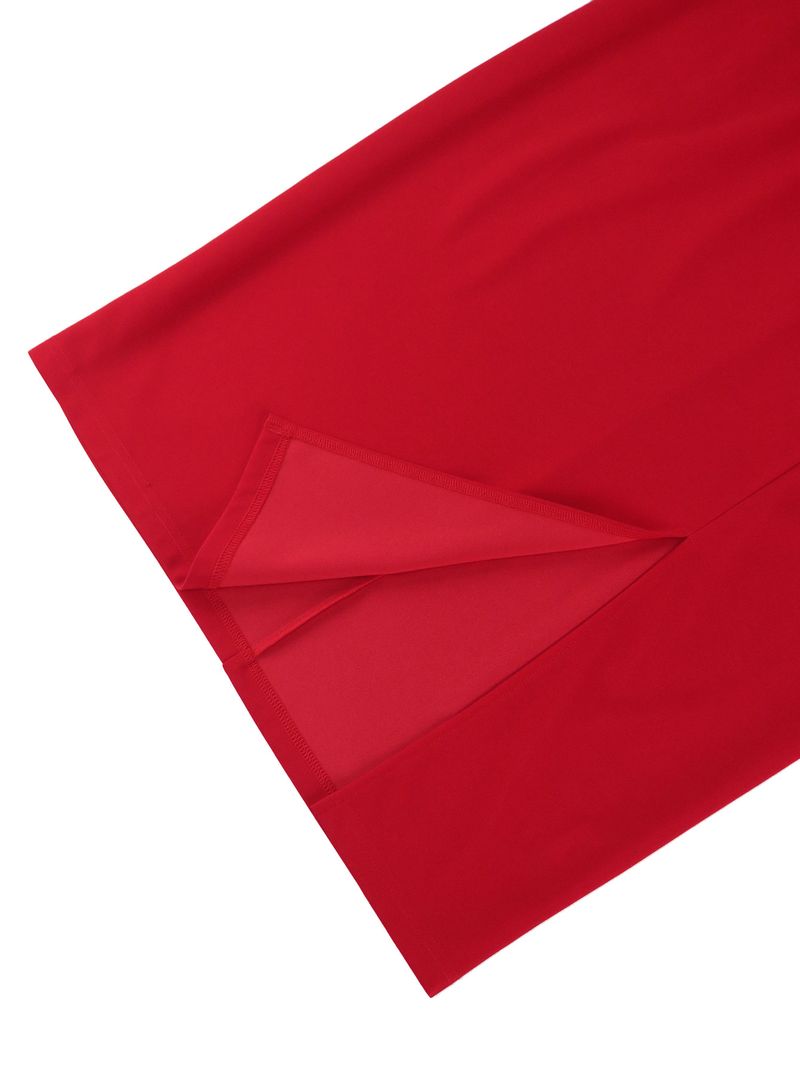 Plus Size Elegant Split Sleeve Party Dress – Belted Wrap Design, Stretchy Polyester, Red (S-1XL, Mid-Length, Flattering A-Line Cut)_voghion.com