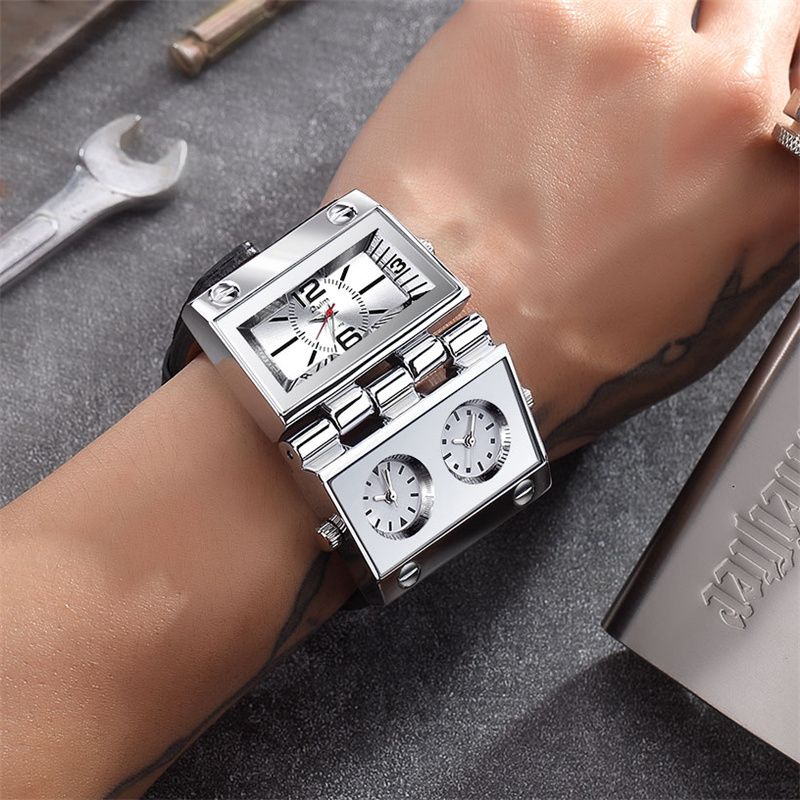OULM 9525 Große Herrenuhr mit einzigartigem Design, drei Zeitzonen, einzigartige Militäruhren für Herren, Punk-Stil, Lederarmband_voghion.com