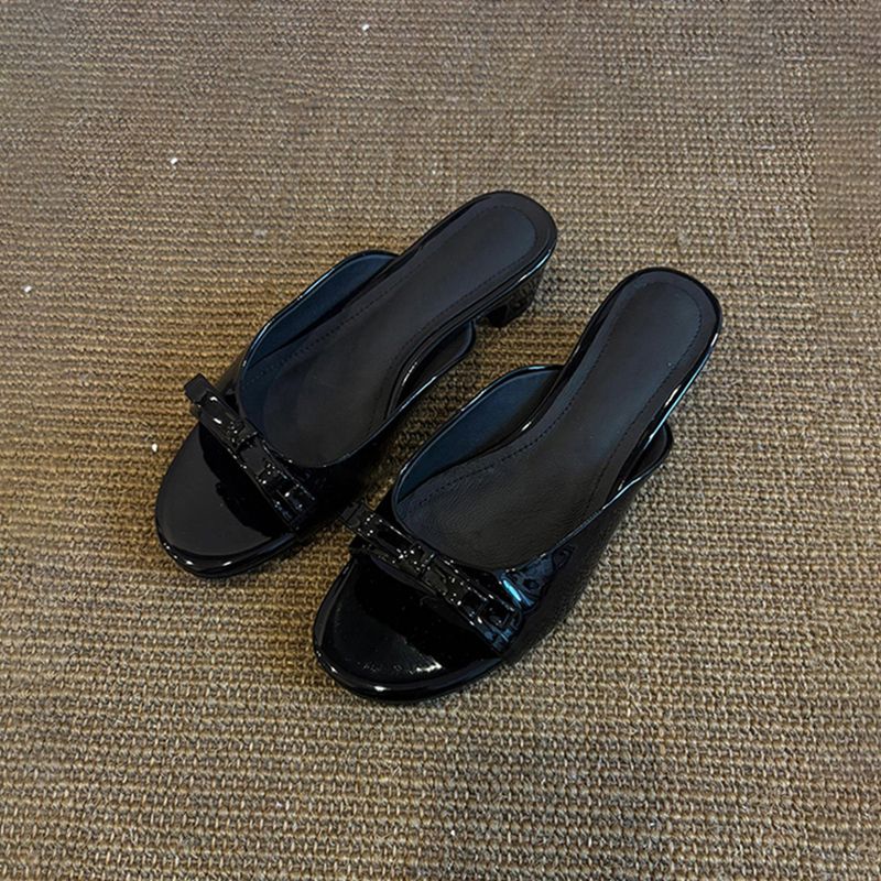Sandalias francesas de charol con lazo negro para mujer, versátiles, sencillas, de tacón bajo, informales, con punta abierta y sin cordones._voghion.com