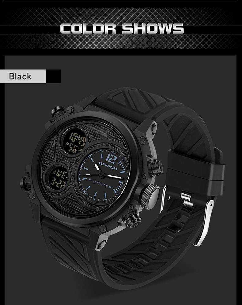 SANDA LED Digital Sport Watches 50m Waterproof Electronic Wristwatch Three Time Display Quartz Watch for Men Alarm Clock_voghion.com