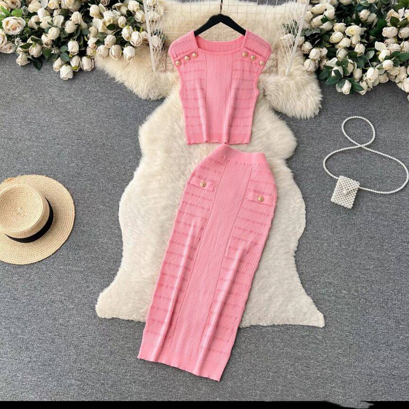 Vêtements pour femmes hauts sans manche tout assorti jupe taille haute tempérament style dame costume deux pièces_voghion.com