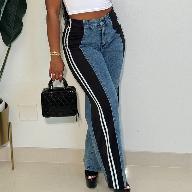 Abbigliamento da donna nuovo temperamento alla moda giunture a righe casual vita alta pantaloni in denim gamba larga prezzo_voghion.com