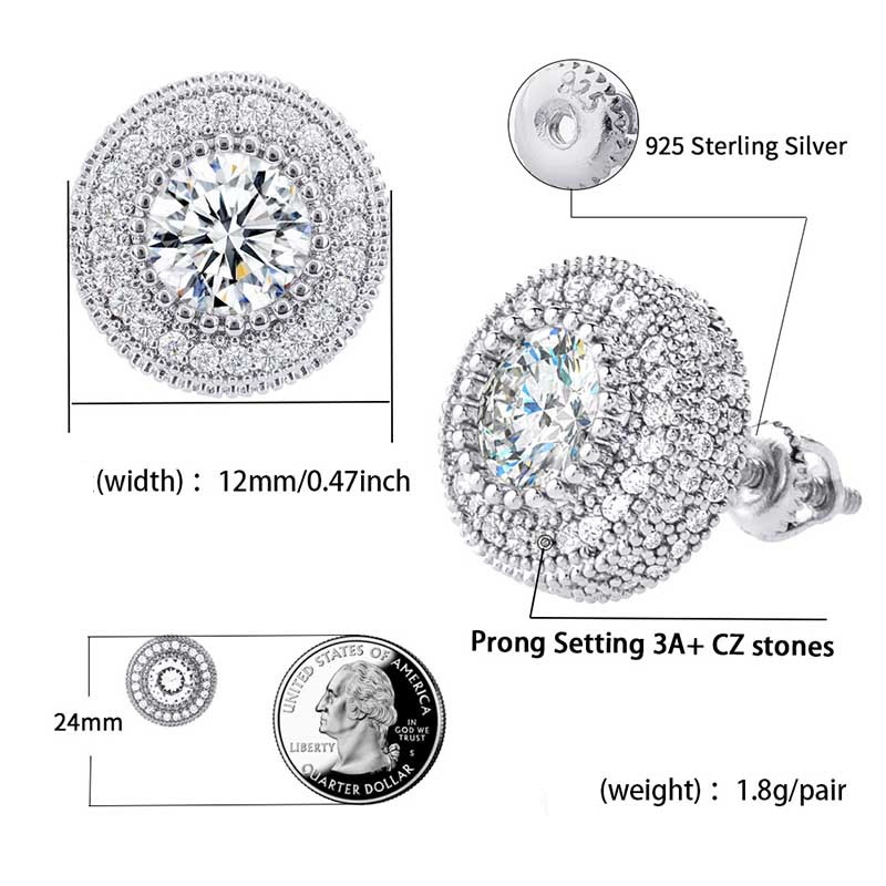 Orecchini Hip Hop con Zircone Pieno e Rotondo in Argento Sterling Popolari, Orecchini alla Moda per Uomo e Donna_voghion.com