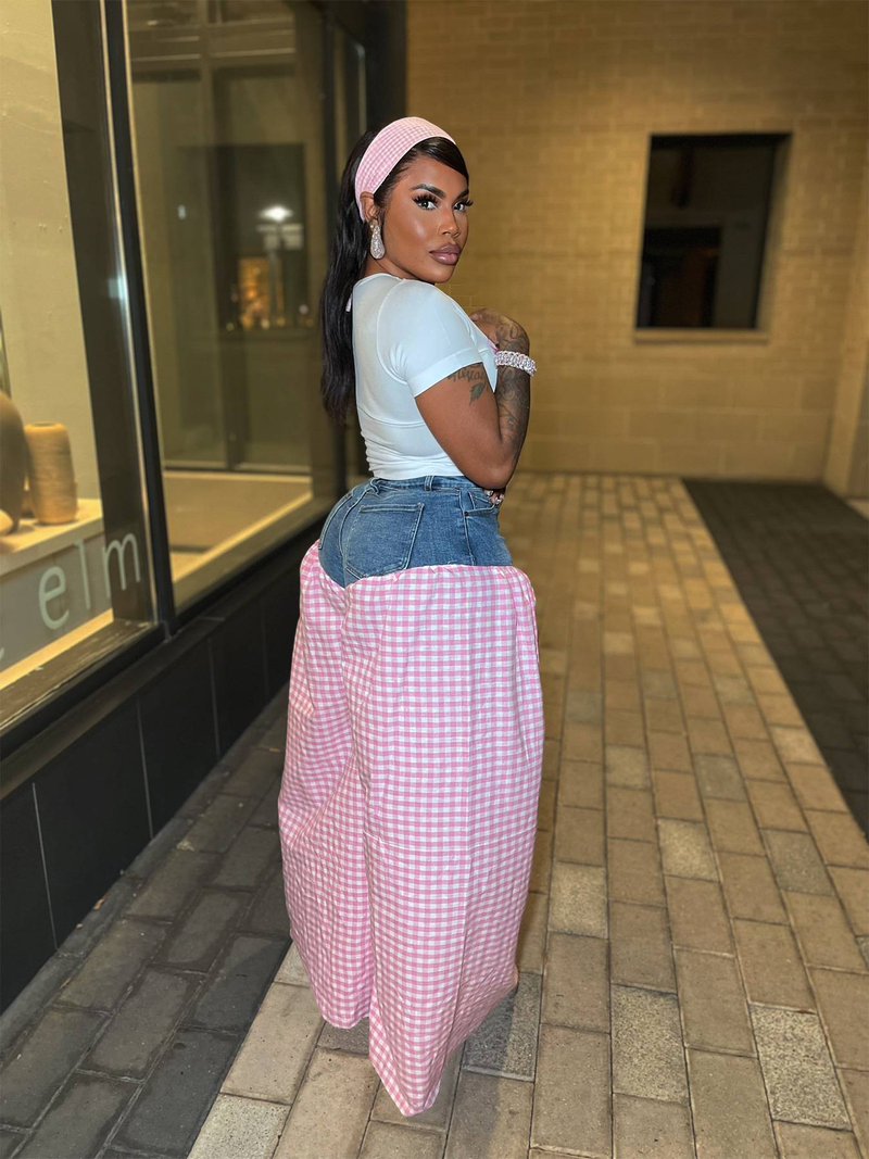 Ropa de mujer, camiseta ajustada estampada con costuras a cuadros, cintura alta, pantalones holgados informales de pierna ancha, conjunto de dos piezas_voghion.com