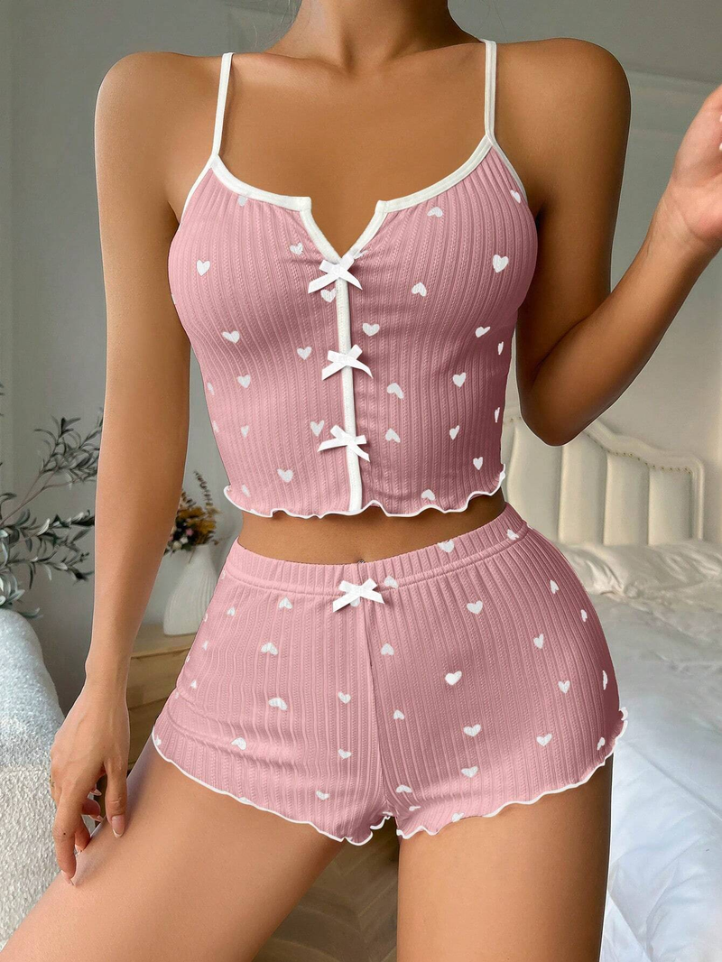 Sweetheart Print Loungewear Set - Sleeveless V-Neck Camisole Pajamas With Bow Detail, Comfortable Polyester Spandex Blend_voghion.com