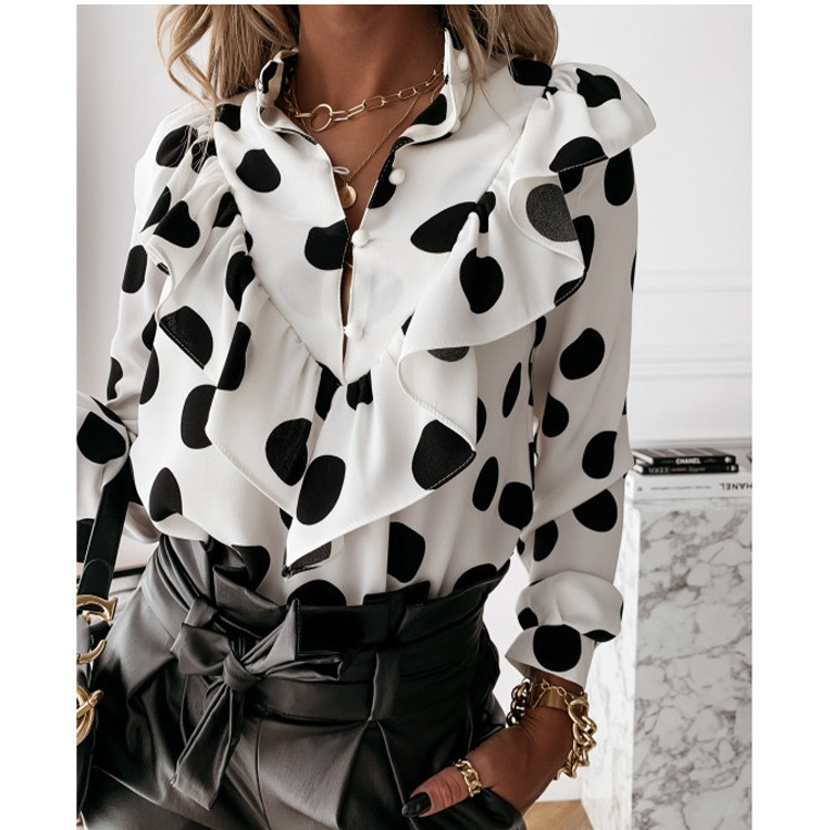 Camicetta ampia taglie forti con stampa floreale e orlo a peplo - Elegante top in chiffon a maniche lunghe per donna (S-3XL, bianco/nero/rosa antico)_voghion.com