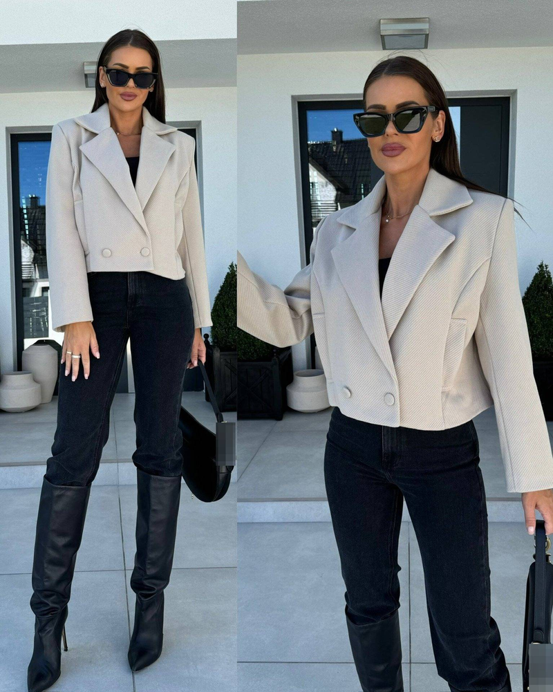 Eleganter Blazer aus Wollmischung im britischen Stil mit fallendem Revers – Kurzärmliger Zweireihermantel für Damen, Büro- und Freizeitkleidung_voghion.com