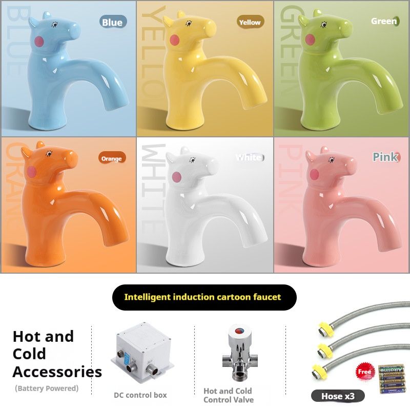 Kids' Automatic Sensor Faucet With Cartoon Elephant Design – Colorful Ceramic Basin For Kindergarten & Home (Cold/Hot Water, Touch-Free Operation)_voghion.com
