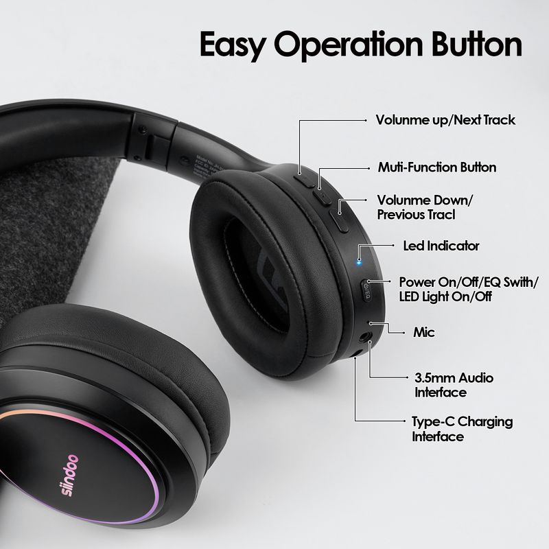 Casque sans fil pliable Siindoo RGB Lamp JH-919C, écouteurs stéréo Bluetooth, 3 modes sonores EQ, basses profondes Hi-Fi_voghion.com