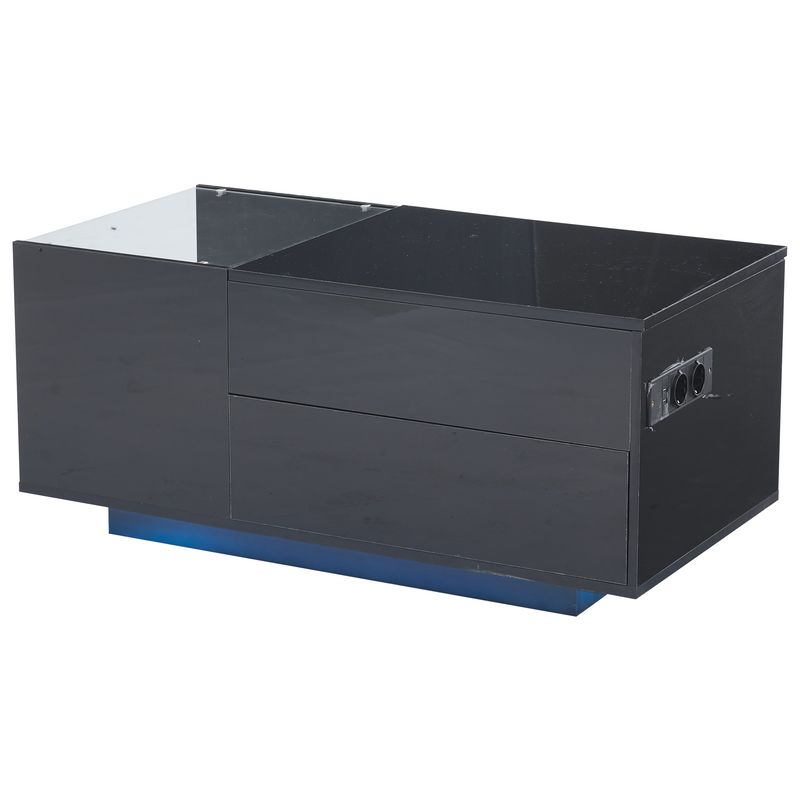 Table basse réglable en hauteur 95 x 48 x 42 cm avec rangement dissimulé, éclairage LED, tiroir et prise de courant - Table d'appoint de salon noire_voghion.com