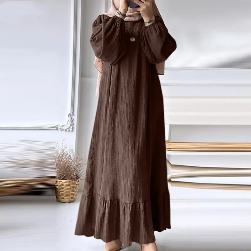 Abito Abaya musulmano a maniche lunghe con scollo a O alla moda da donna. Abito estivo con orlo arricciato solido_voghion.com