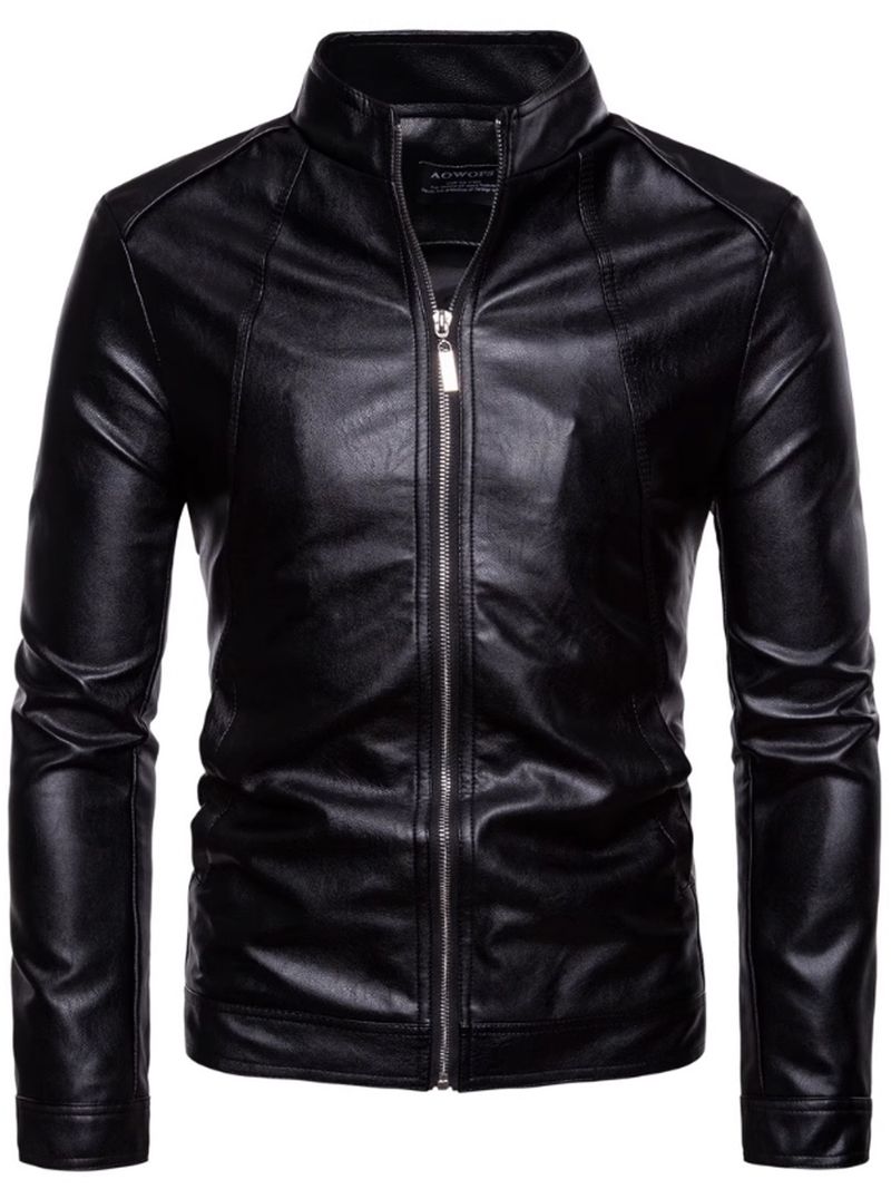 Korean Style Solid Black Stand Collar Softshell Leather-like Texture, Full-Zip Closure, Lining Zippered Pockets Formal_voghion.com