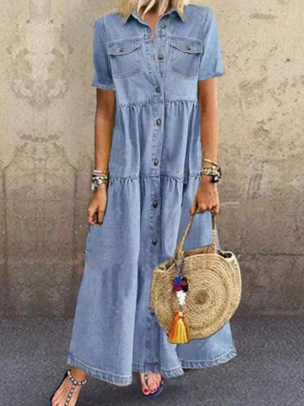 Damenbekleidung Langes Kleid im Used-Look mit mehreren Knöpfen_voghion.com