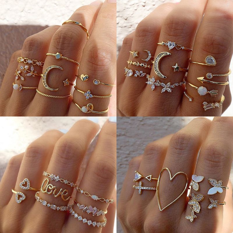Ensemble de bagues ouvertes en forme de cœur et de papillon, serties de diamants, style Niche, avec motif étoile et lune empilables_voghion.com