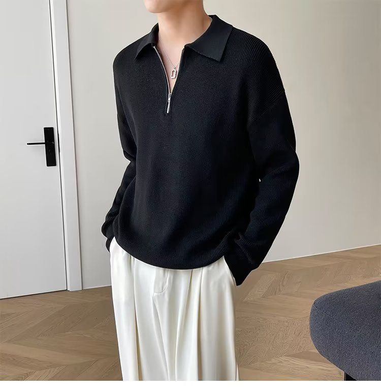 Maglione da uomo con colletto polo e mezza zip, autunno inverno, pullover lavorato a maglia, stile giapponese, semplice, casual, elegante, base_voghion.com