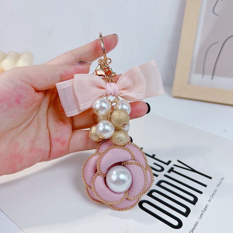 Chain pearl camellia bag pendant fashionable women's double-layer bow creative keychain goods_voghion.com