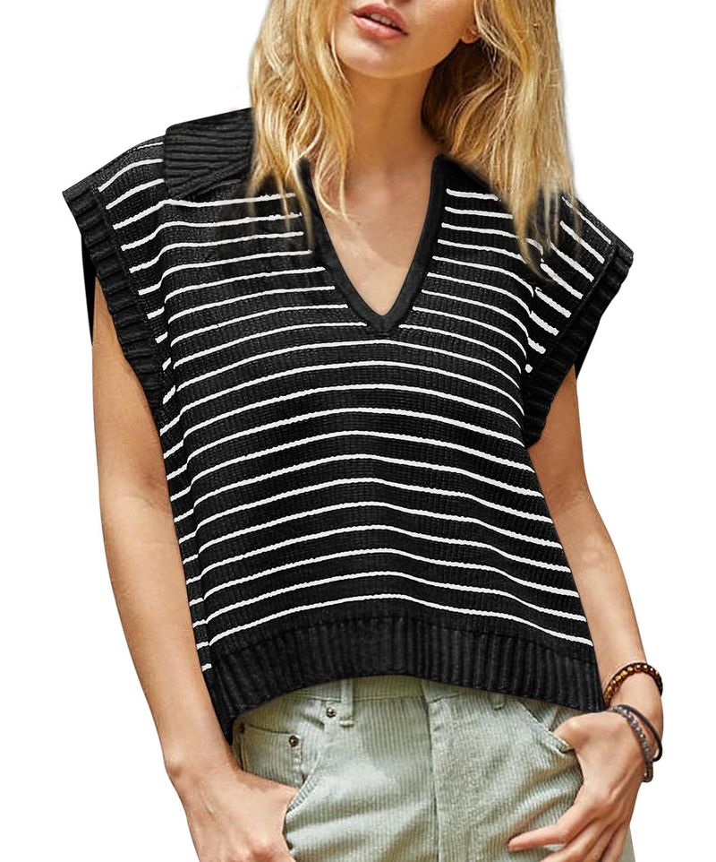 Maglia a righe con scollo a V da donna - Maglione pullover a maniche corte in stile francese, vestibilità ampia - T-shirt casual leggera in misto rayon_voghion.com
