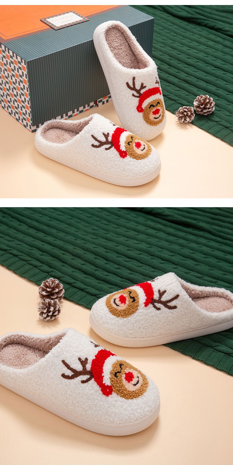 Schuhe süße Hirschhörner Weihnachtselemente Baumwollpantoffeln für Frauen plus samtverdickte warme Herbst- und Winterpantoffeln neutral_voghion.com