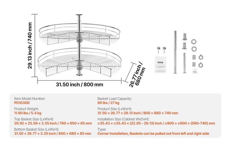 31" 2 Tier Kidney Shaped Chrome Corner Organizer Lazy Susan Cabinet Blind Corner_voghion.com