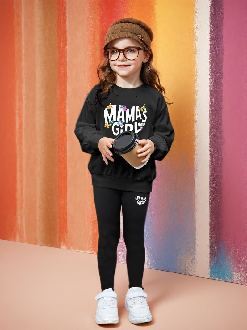 Mother & Kids INS Girls 2 Piece Set & "mamap'sgirl" Printed Long Sleeved Sweatshirt + Leggings Set_voghion.com