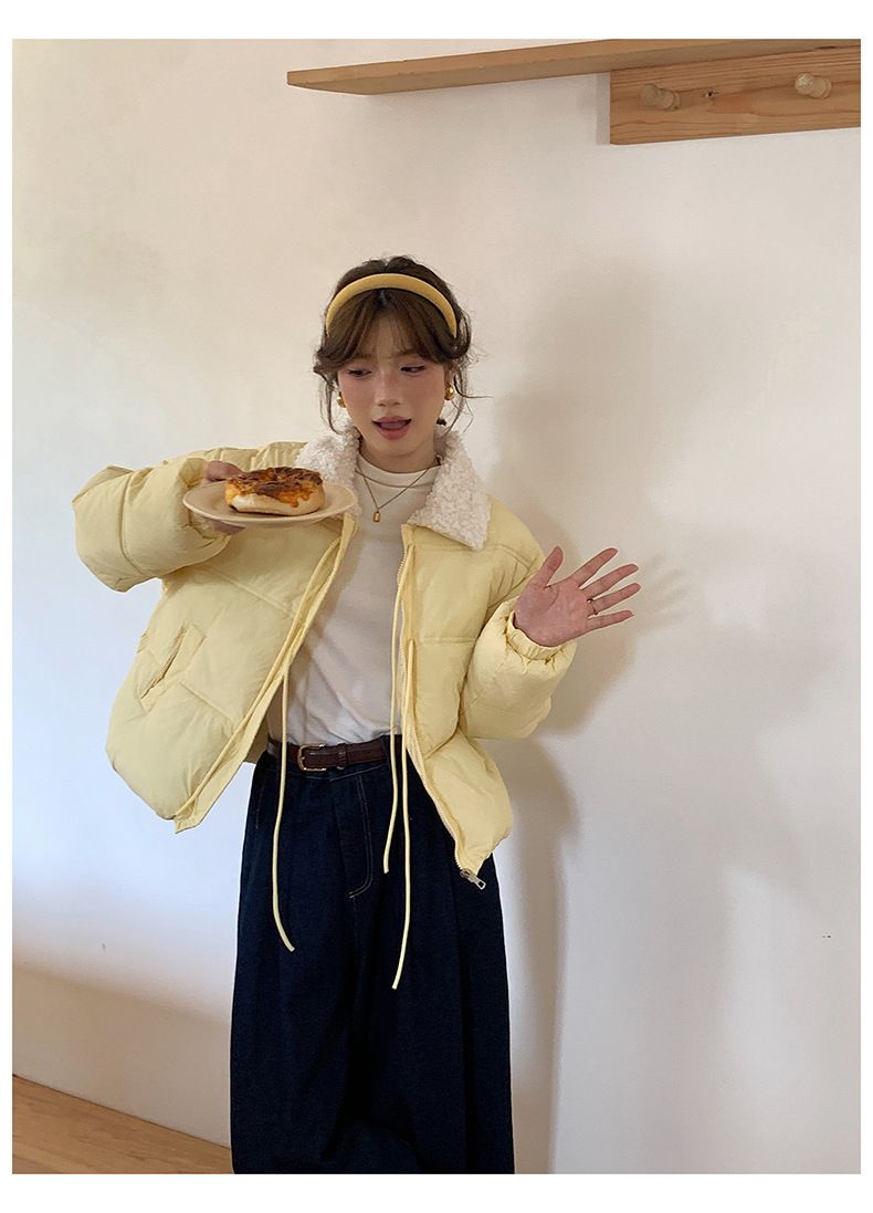 Cropped Sherpa-Lined Puffer Jacket – Korean Streetwear Belted Coat (4 Soft-Toned Colors, Lightweight Quilted Polyester)_voghion.com