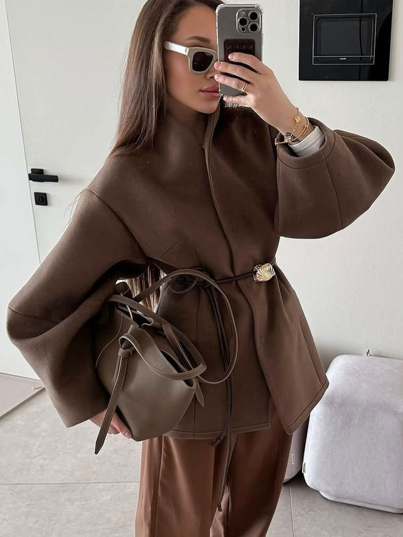 "Women's Wool-Look Trench Coat – Belted Long Polyester Coat With Stand Collar (Brown) S/M/L"_voghion.com
