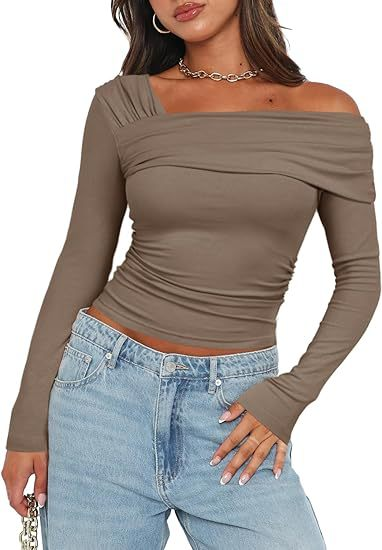 Camicetta da picnic monospalla a maniche lunghe con volant, camicia slim Y2K da donna_voghion.com