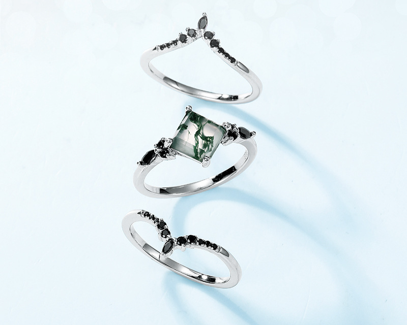 Geometrische natuurlijke watergras agaat ring S925 zilver ingelegde groene mos steen stapelring een multi wear_voghion.com