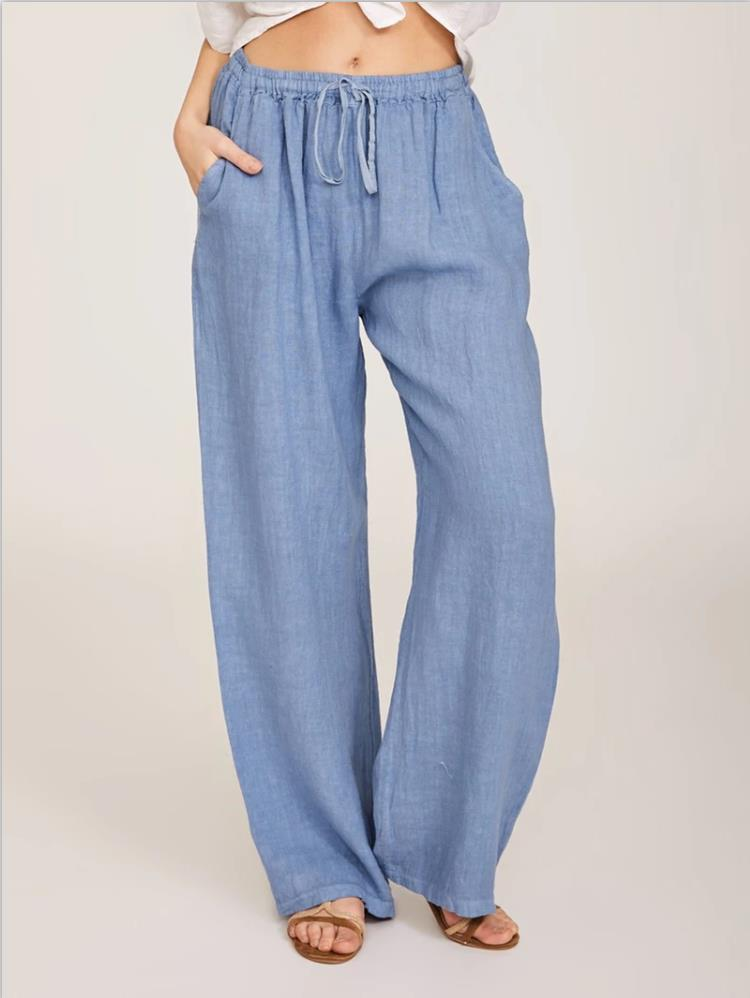 Women's Cotton Linen Pants Casual Loose Solid Elastic Waist Pocket Straight Trousers Ladies Oversize Wide Leg Pant Streetwear_voghion.com