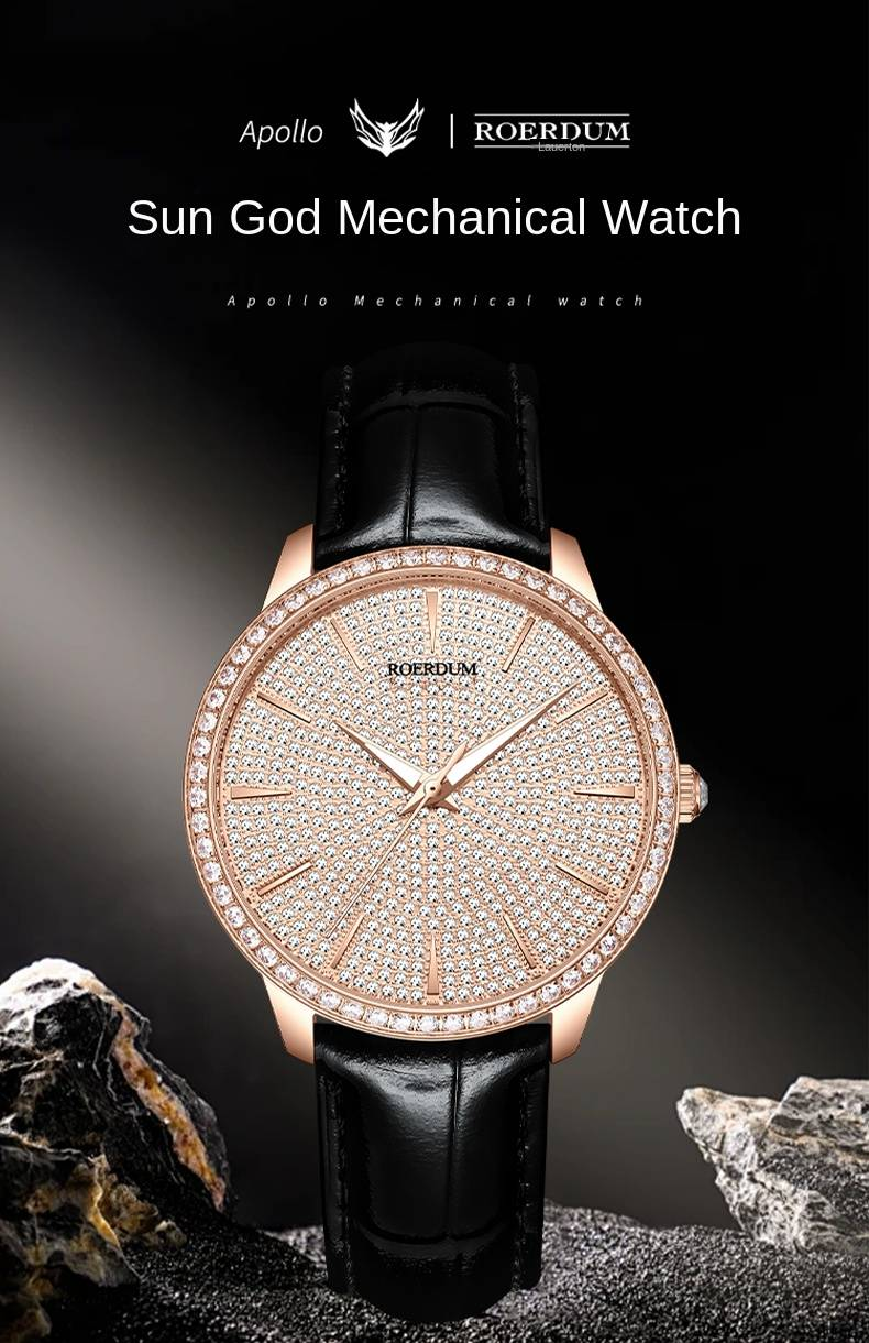 „ROERDUM Cosmic“ serija – prabangaus stiliaus mechaninis laikrodis su auksiniu ciferblatu, pilnais deimantais, vyriškas laikrodis su „Apollo Belt RA6960“_voghion.com