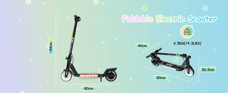 RCB R12 Elektroroller für Kinder im Alter von 6–12 Jahren, max. 15 km/h und 10 km, 6,5 Zoll, faltbar, LED-Display, LED-Regenbogenlicht, zwei Bremsarten, Geschenk für Kinder_voghion.com