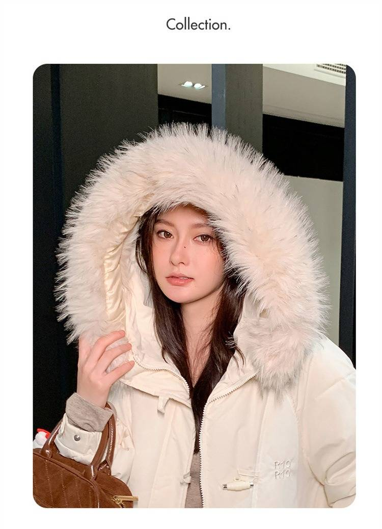 Übergroßer Puffermantel mit Kapuze und abnehmbarem Kunstpelzbesatz für Damen, lange Winterjacke in Schwarz/Grau/Creme_voghion.com