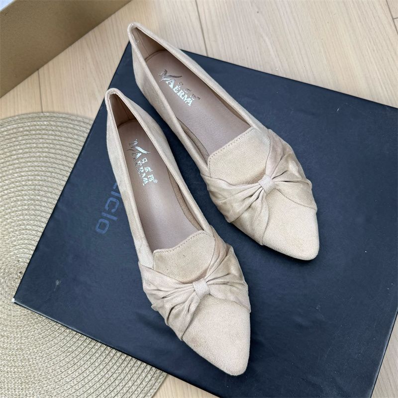 Damen-Ballerinas, schicke, einfarbige, wildlederähnliche Ballerinas für Mädchen: Spitz zulaufendes Design mit Knotendetail für vielseitigen Tragekomfort, Größe 33–44_voghion.com