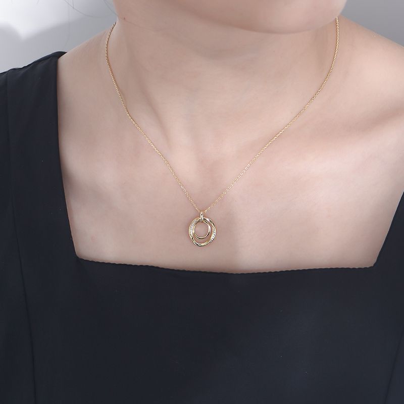 Collier en argent sterling S925 avec diamants pour femme, style rétro, luxueux, haut de gamme, simple, double anneau, cercle, clavicule_voghion.com