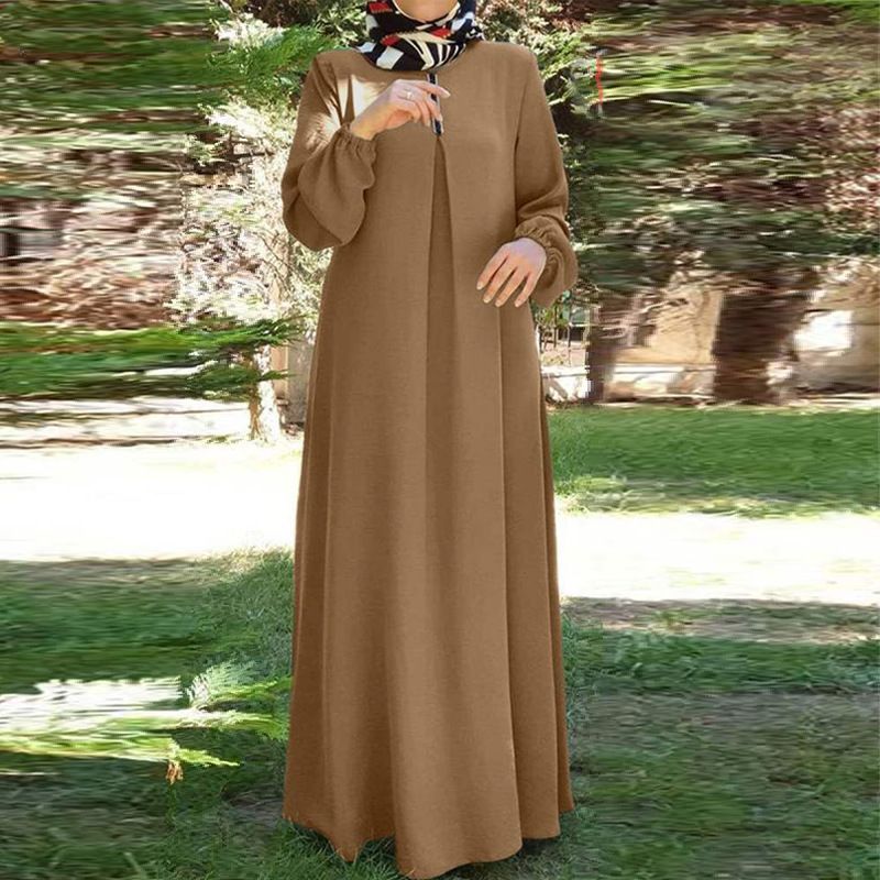 Muslimische Damenbekleidung in Übergröße, Damenmode, lockeres, langärmliges Robenkleid mit Rundhalsausschnitt_voghion.com