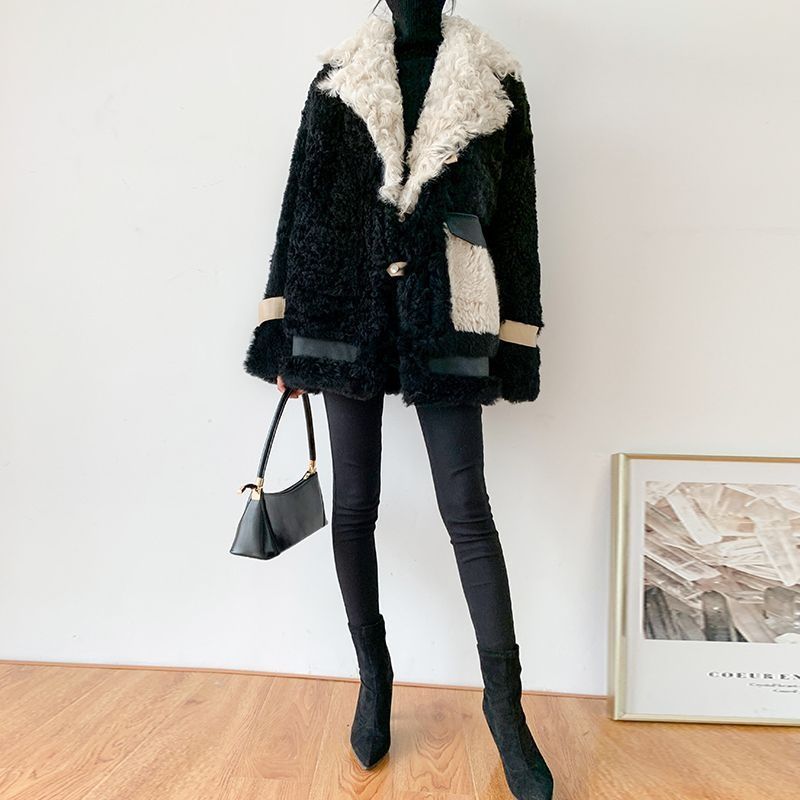 Calm New Winter Mid-Length Lamb Wool Sheep Shearling Sheepskin Fur Coat Women's Patchwork Overcoat_voghion.com