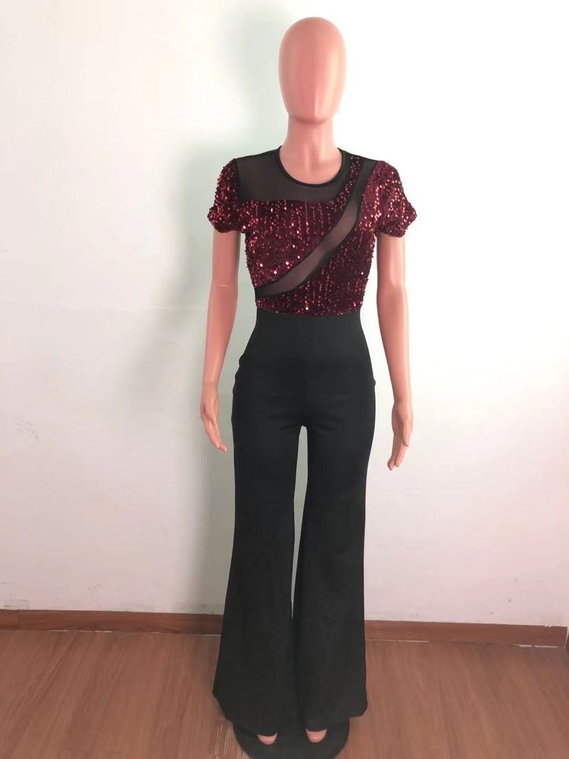 Women's Clothing Sequin Stitching Wide Leg Pants Short Sleeved Jumpsuit_voghion.com