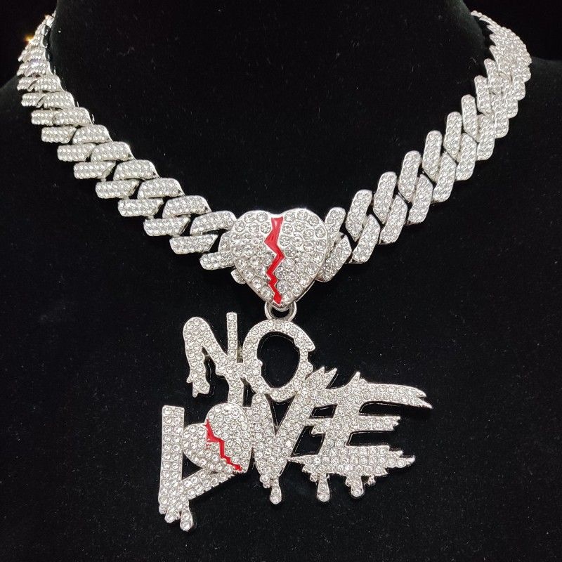 Hot Sales Men Women Hip Hop No Love Heart Pendant Necklace with 14mm Cuban Chain HipHop Iced Out Bling Hiphop Necklaces Fashion_voghion.com