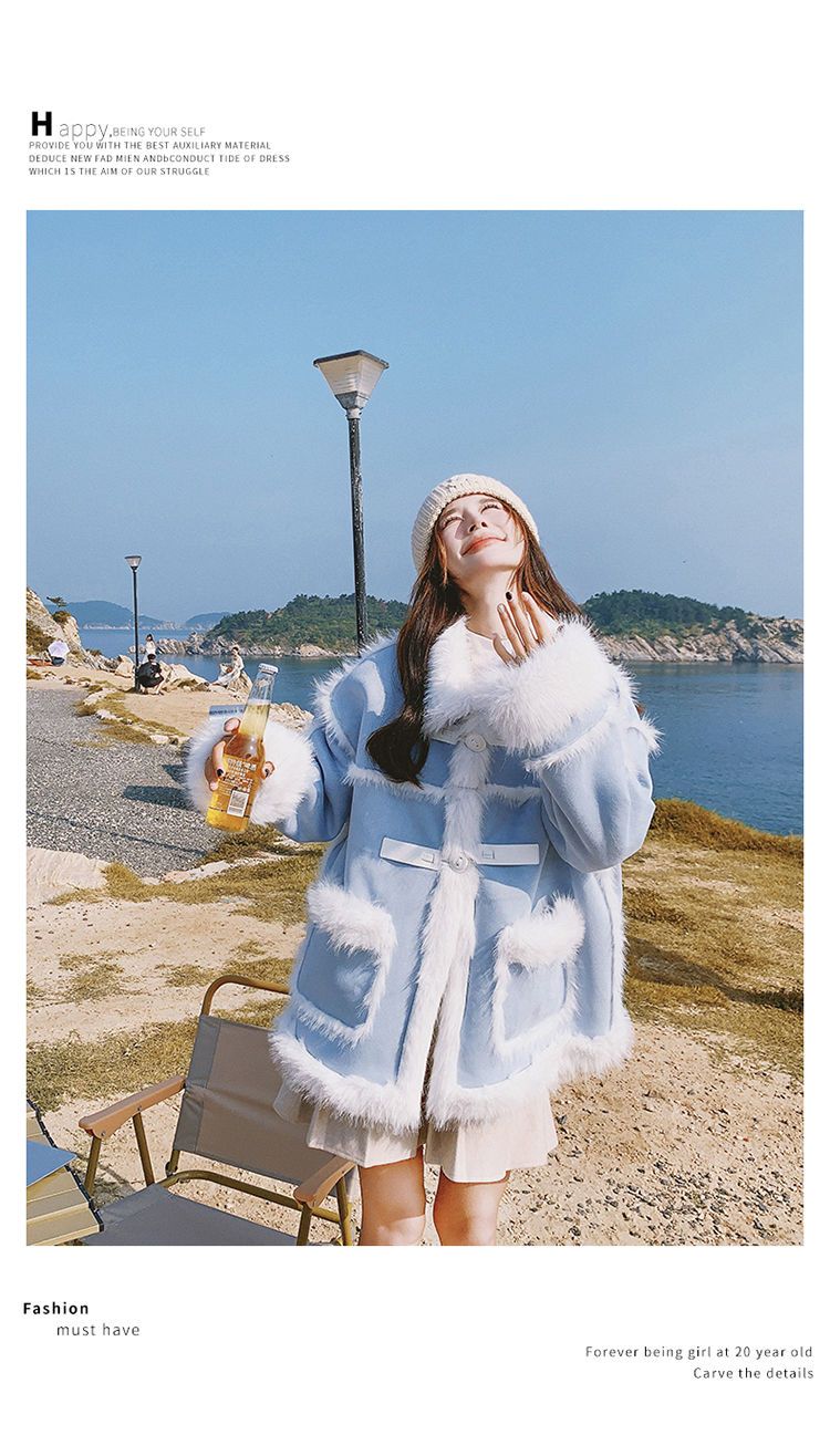 Cappotto in pelle di pecora blu shearling per donna, stile coreano, nuovo, taglia piccola, giacca invernale in pelle scamosciata spessa e calda, in cotone_voghion.com