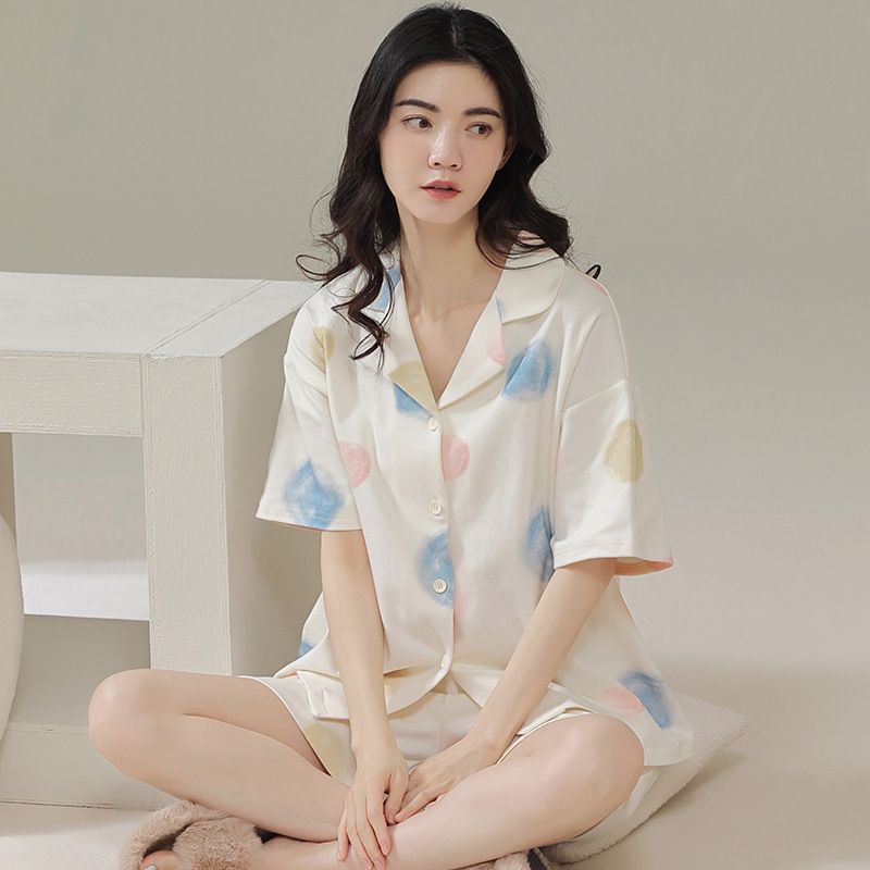 Frühlings-Cardigans, Revers, Pyjamas, kurze Ärmel, lockere und einfache Baumwoll-Hauskleidung für Studenten in Übergröße_voghion.com
