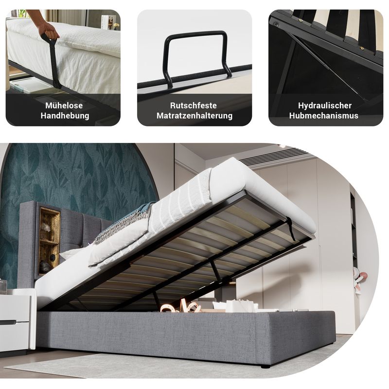 Double avec câble de chargement et USB-C, tissu 140 x 200 cm, support avec support, bois de roseau, gris, tapis inclus_voghion.com